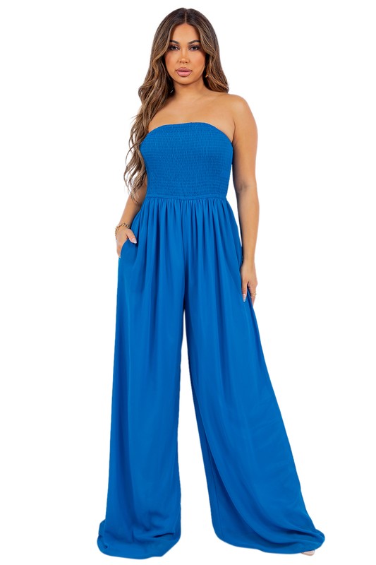 Blue Sleeveless Jumpsuit Wide Leg Pants