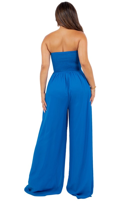 Blue Sleeveless Jumpsuit Wide Leg Pants