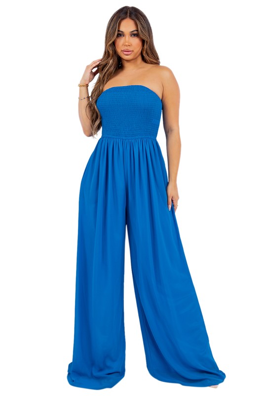 Blue Sleeveless Jumpsuit Wide Leg Pants