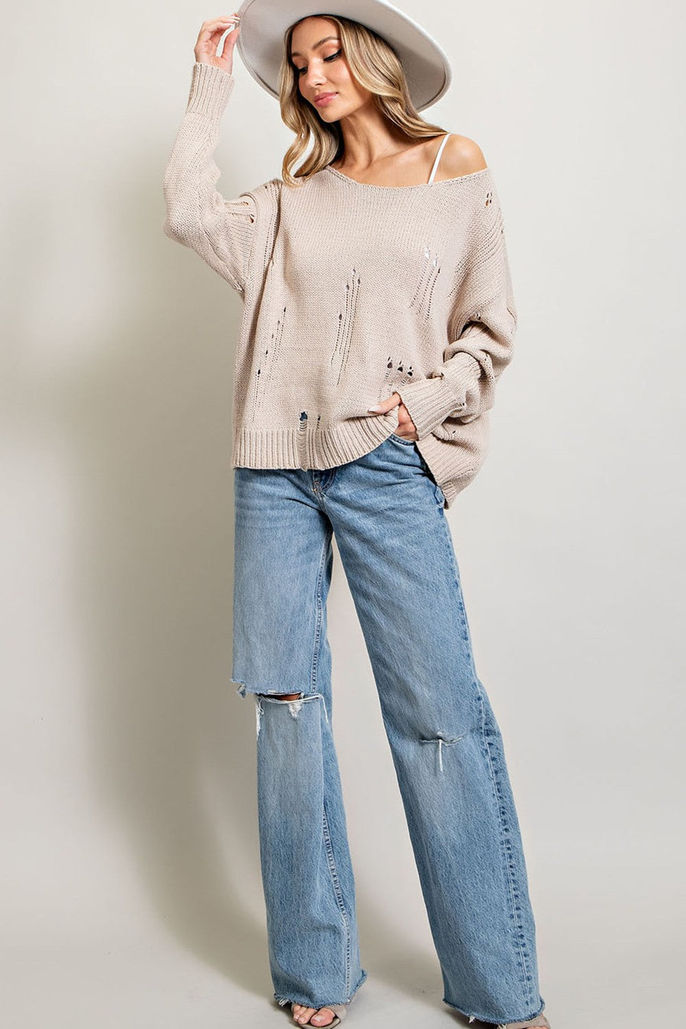 Oatmeal Distressed Loose Fit Knit Top with Boat Neckline Ribbed Bottom Band and Ribbed Cuffs
