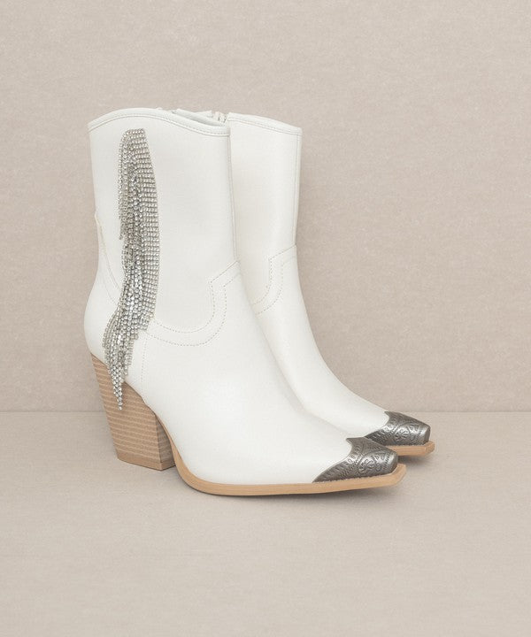 White Fringe Rhinestone Western Boots Ankle Length 