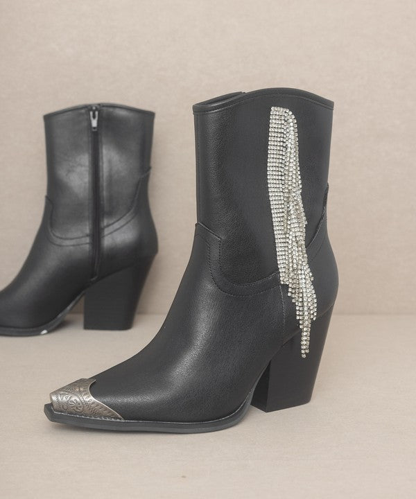 Black Fringe Rhinestone Western Boots Ankle Length