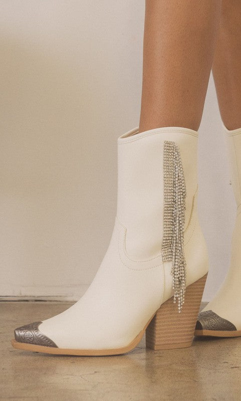 White Fringe Rhinestone Western Boots Ankle Length 