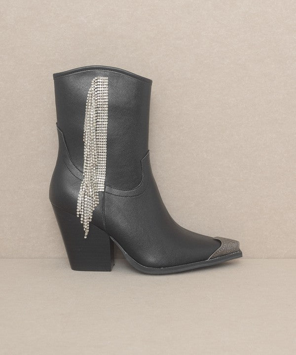 Black Fringe Rhinestone Western Boots Ankle Length