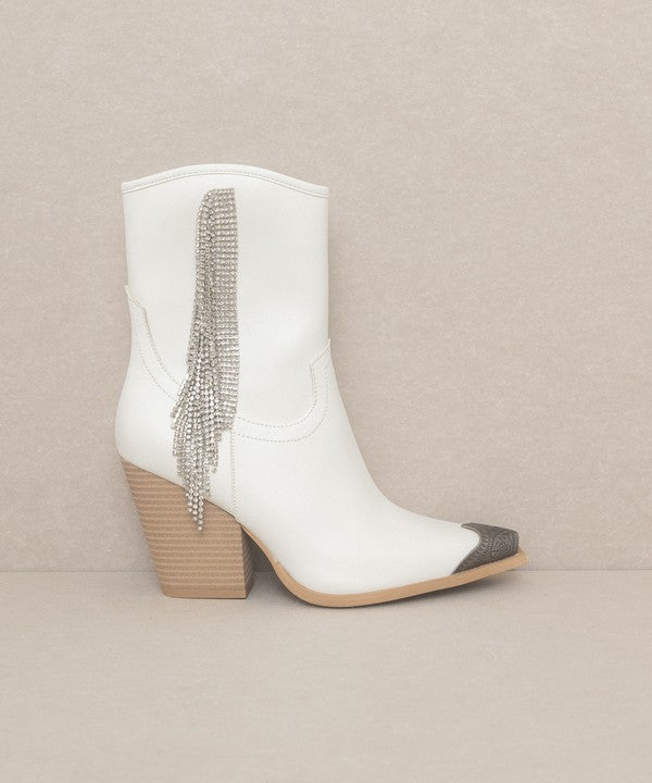 White Fringe Rhinestone Western Boots Ankle Length 