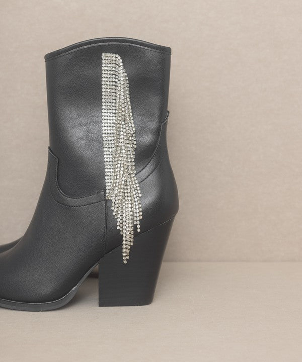 Black Fringe Rhinestone Western Boots Ankle Length