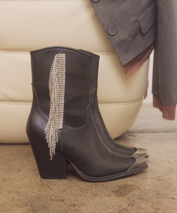 Black Fringe Rhinestone Western Boots Ankle Length