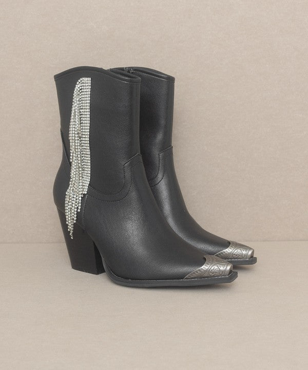 Black Fringe Rhinestone Western Boots Ankle Length