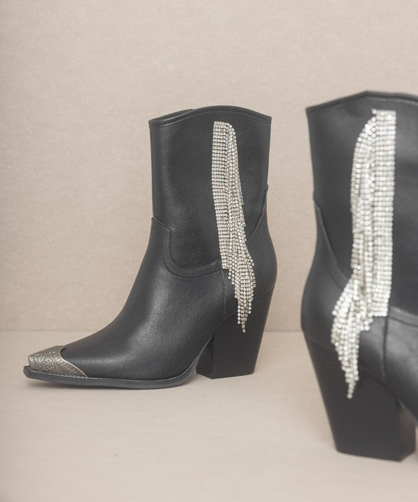 Black Fringe Rhinestone Western Boots Ankle Length