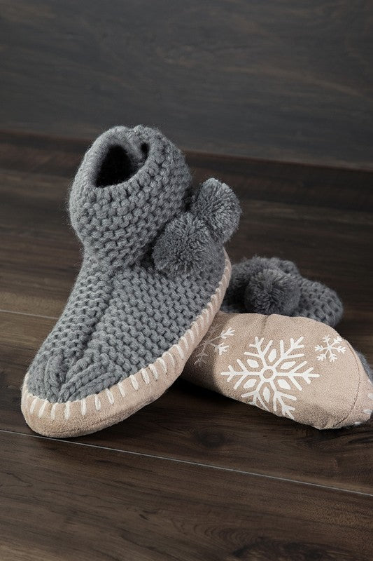 Grey Hand Knitted Snowflake Slippers