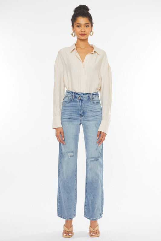 90's Wide Leg Straight Jeans Light Stone Wash Rigid Slight Cross Over Front Waistband Hidden Button Closures Distressed Knee