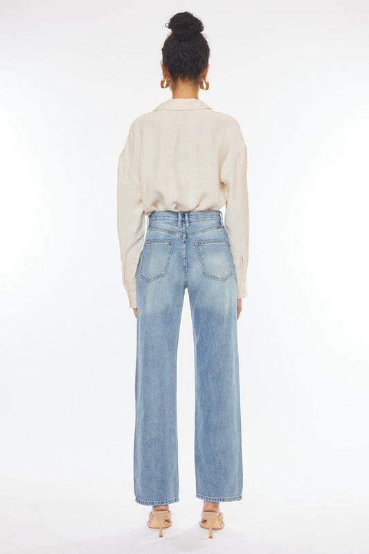 90's Wide Leg Straight Jeans Light Stone Wash Rigid Slight Cross Over Front Waistband Hidden Button Closures Distressed Knee