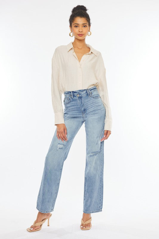 90's Wide Leg Straight Jeans Light Stone Wash Rigid Slight Cross Over Front Waistband Hidden Button Closures Distressed Knee 