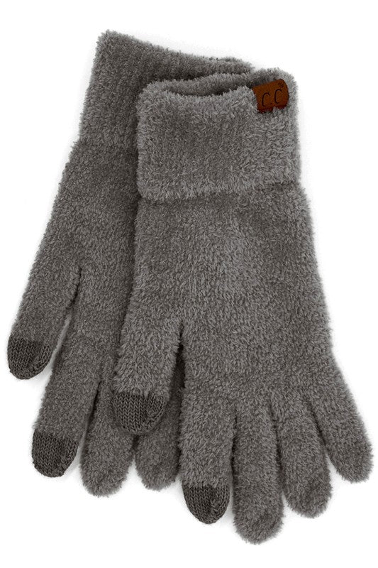 Pair of gray gloves with black tips on a white background