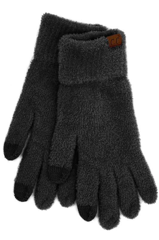 Pair of dark gray gloves with a brand logo on a white background