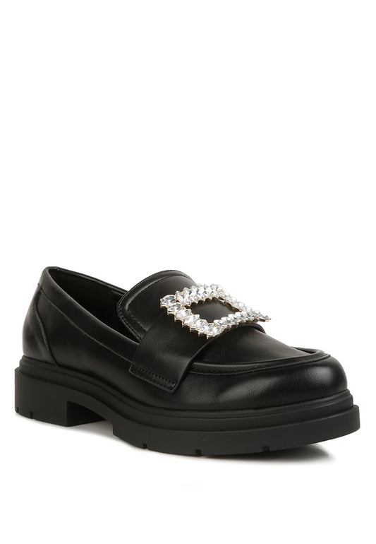 Black Loafers with Buckle Embellishment Polyurethane Material Chunky Platform Heels with Silver Embellished Buckle Detail 