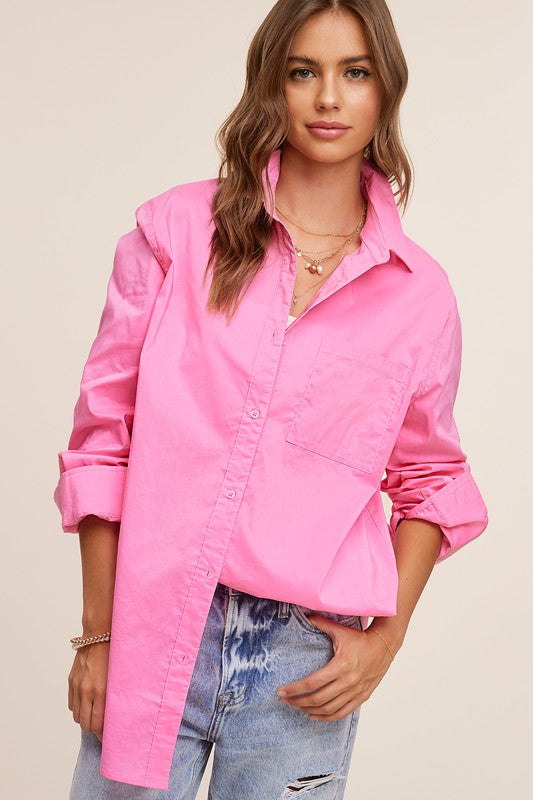 Carnation Button Down Top Oversized Silhouette with Collar Detail and a Front Pouch Pocket