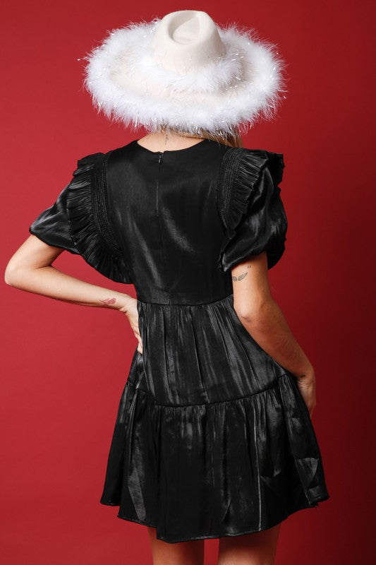 Black Mini Dress with Ruffled Puff Sleeves and Sequin Martini Glasses