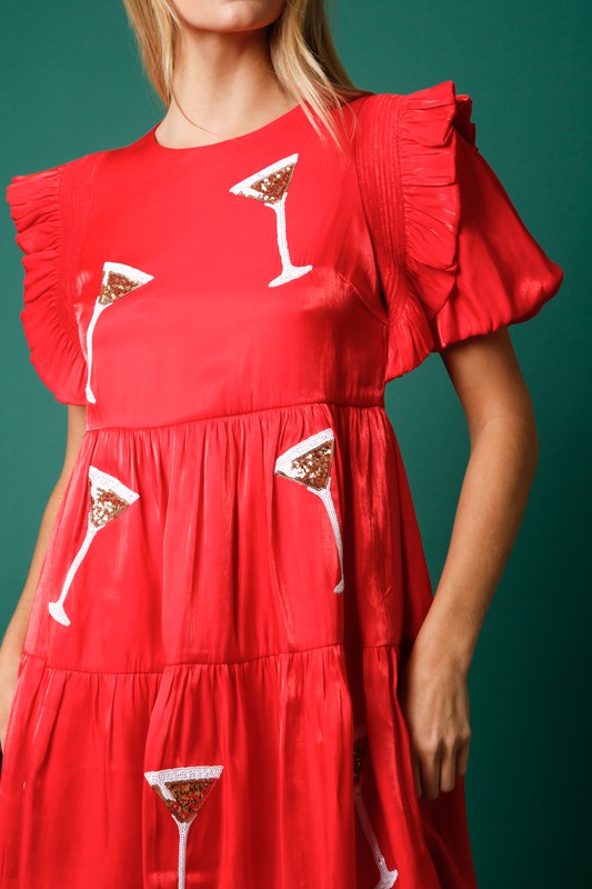 Red Mini Dress with Ruffled Puff Sleeves and Sequin Martini Glasses