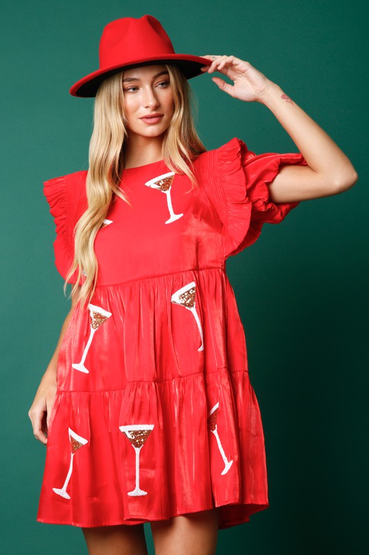 Red Mini Dress with Ruffled Puff Sleeves and Sequin Martini Glasses