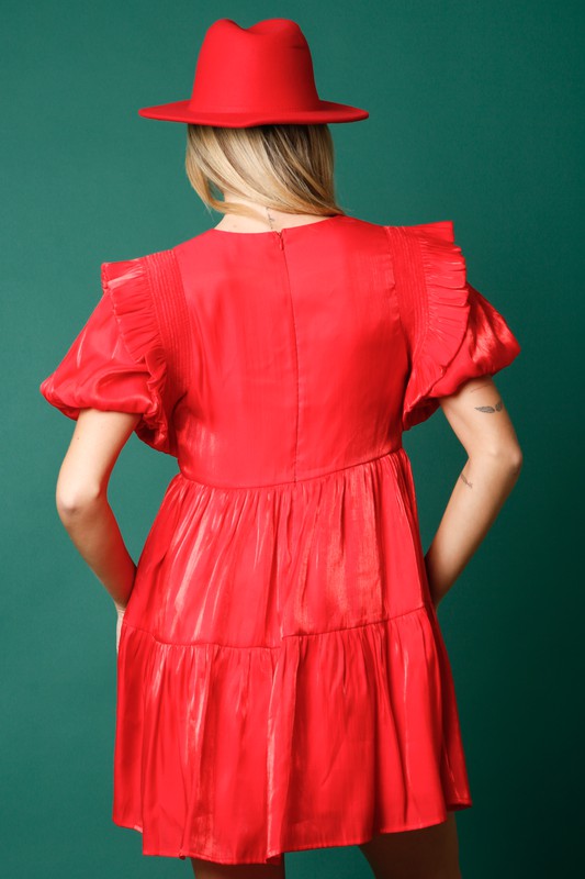 Red Mini Dress with Ruffled Puff Sleeves and Sequin Martini Glasses