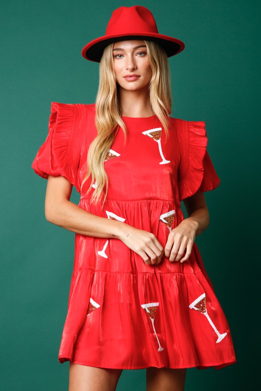 Red Mini Dress with Ruffled Puff Sleeves and Sequin Martini Glasses