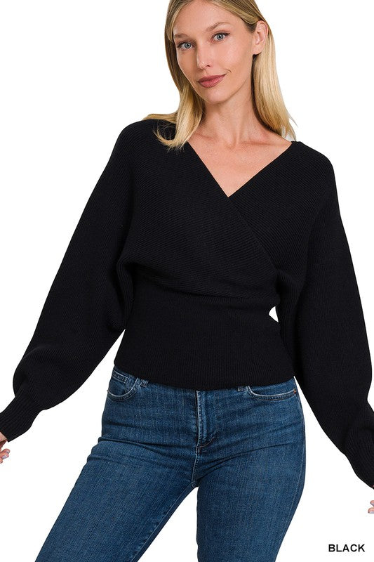 Black Cross Wrap Pullover Sweater