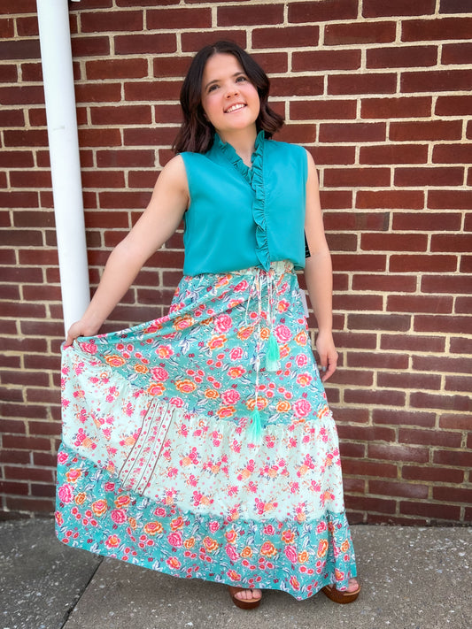 Boho Floral Maxi Skirt with Ties