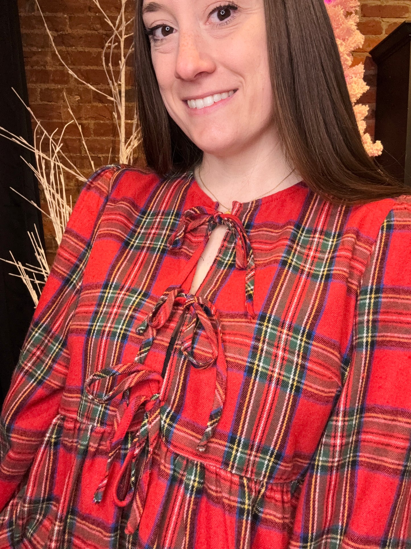 Long Sleeve Red Plaid Mini Dress with Tie Closures in the Front