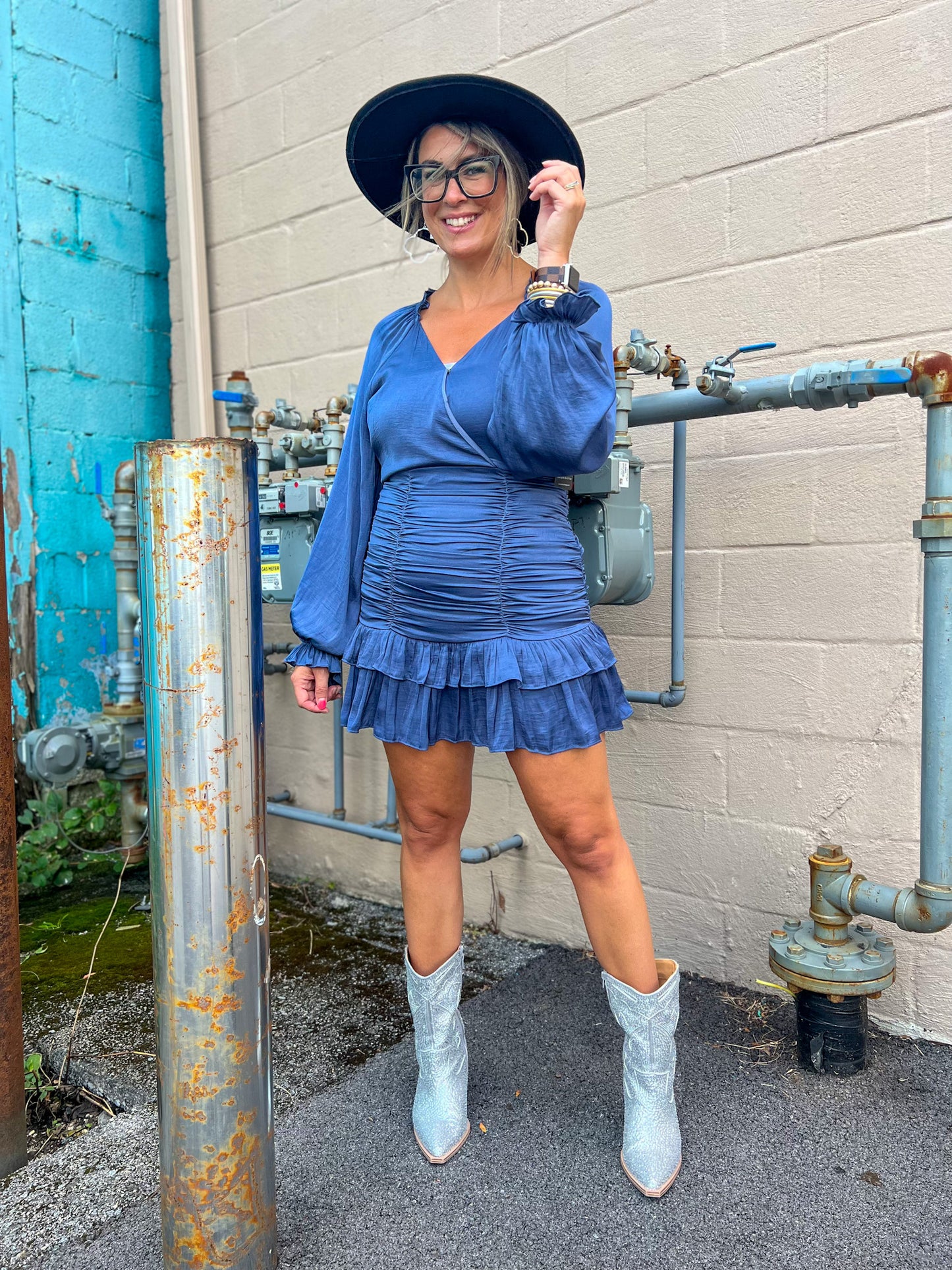 GLAM Ruffled Shirred Steel Blue Dress