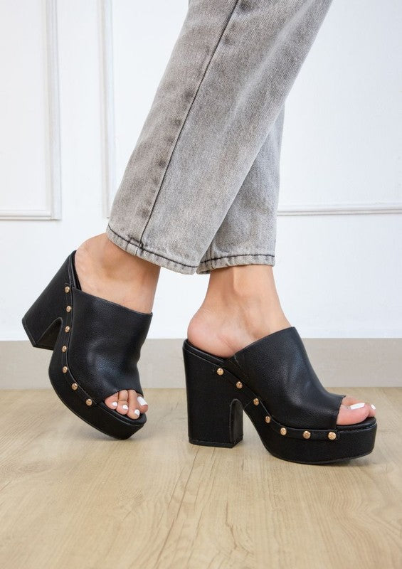 Black Studded Slip on Clog Heels