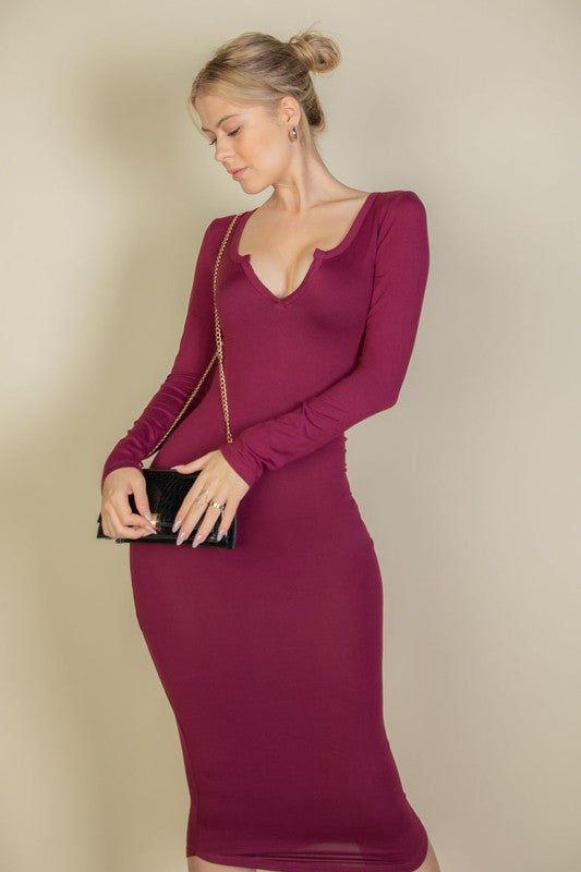 Purple Split Neck Long Sleeve Midi Dress