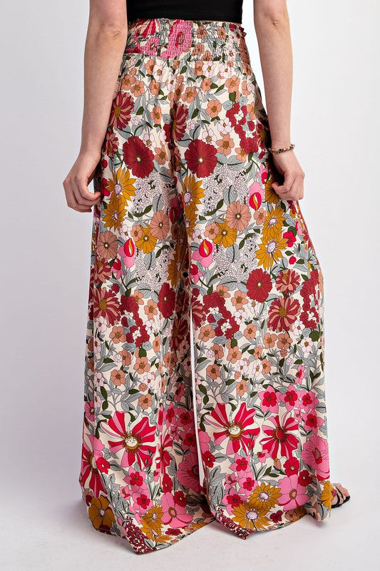 Rose Floral Wide Leg Smocked Waist Pants 