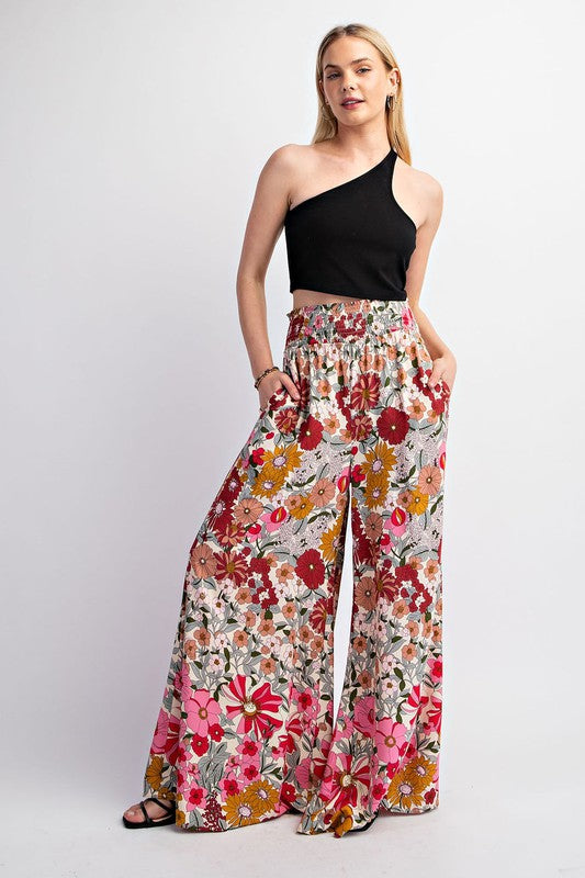 Rose Floral Wide Leg Smocked Waist Pants 