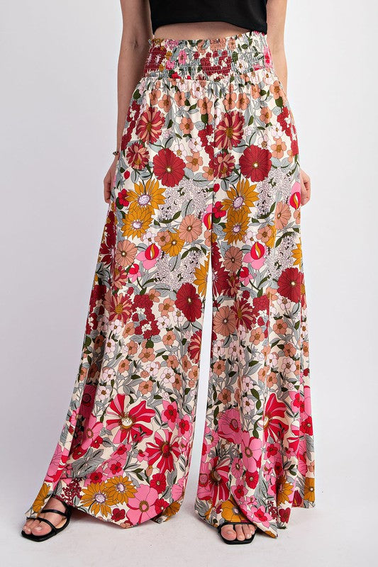 Rose Floral Wide Leg Smocked Waist Pants 