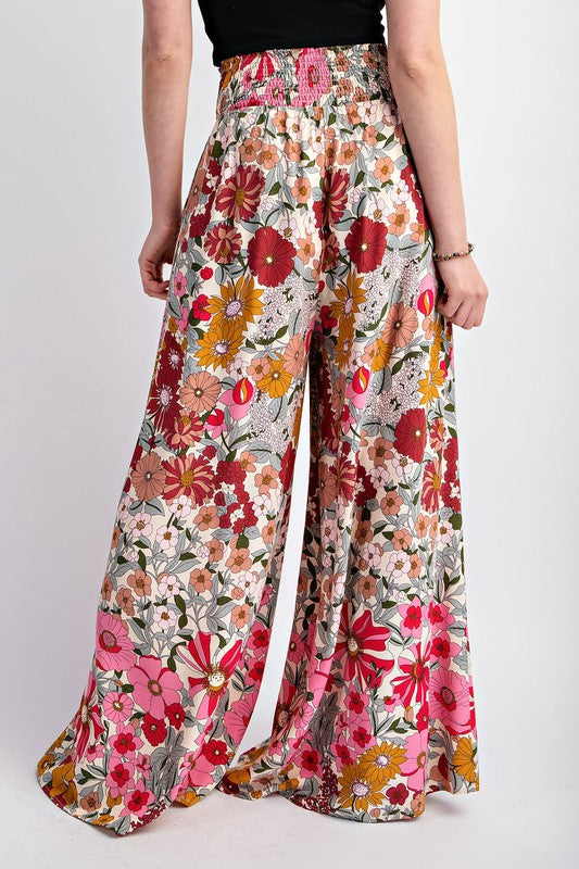 Rose Floral Wide Leg Smocked Waist Pants 