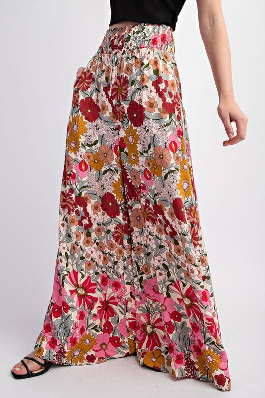 Rose Floral Wide Leg Smocked Waist Pants 