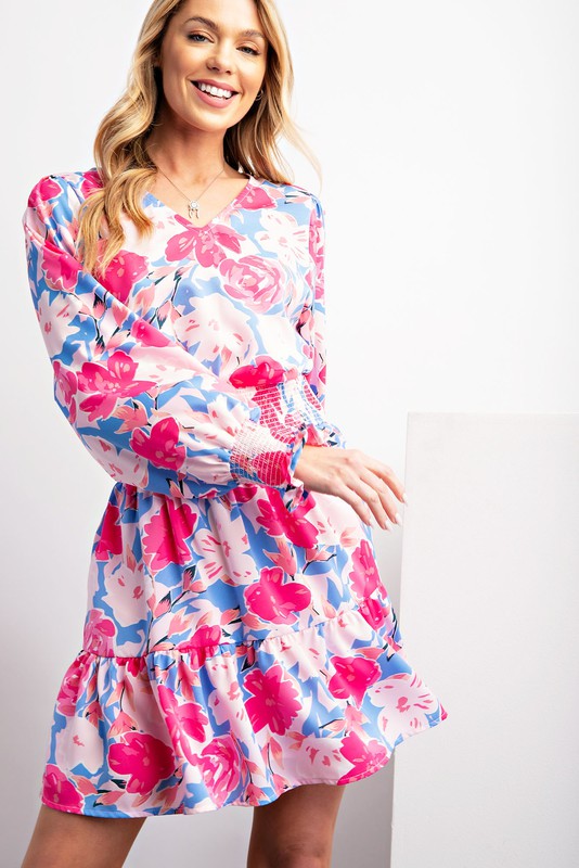 Pink-Blue Floral Printed Challis Smocked Waist Woven Dress
