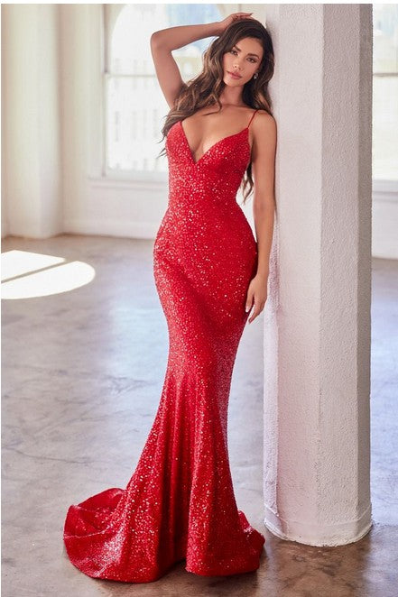 Red Glitter Printed Fitted Dress with Deep V-Neckline and Tie Back