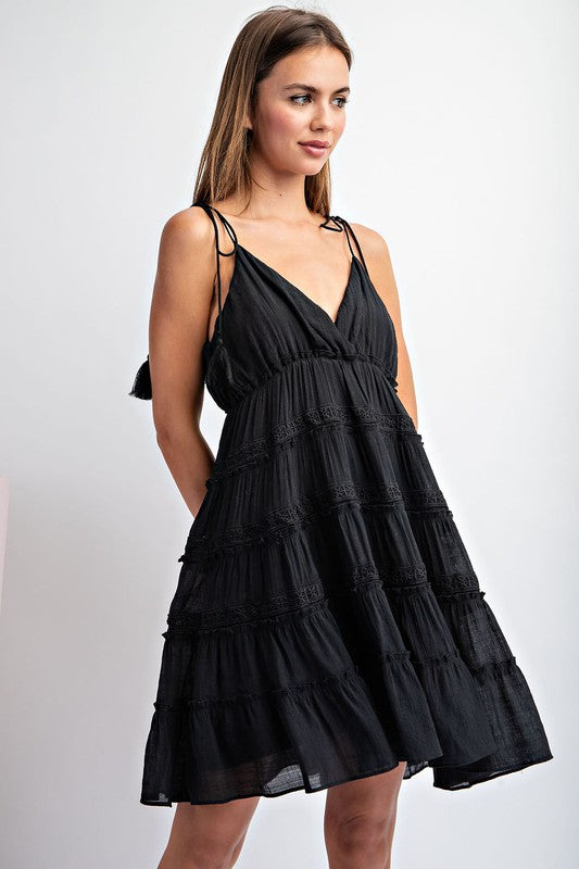Black Babydoll Ruffle Mini Dress with Tassel Tie Straps