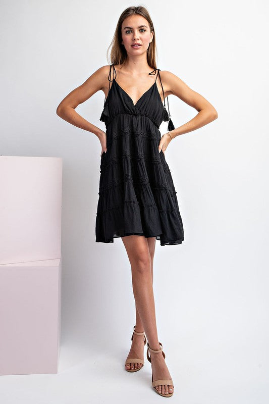 Black Babydoll Ruffle Mini Dress with Tassel Tie Straps