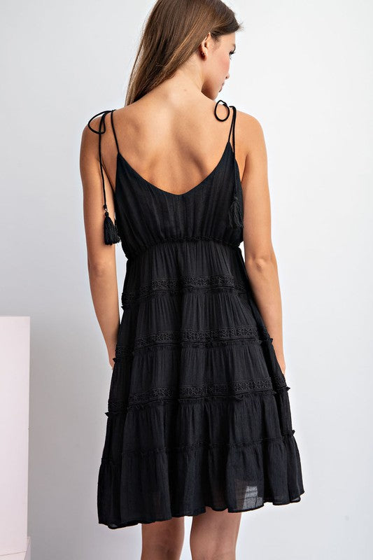 Black Babydoll Ruffle Mini Dress with Tassel Tie Straps