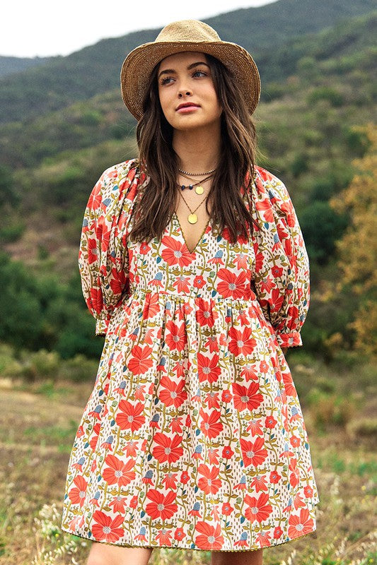 Floral Print Mini Dress with Puff Sleeve and Ric-Rac Trim