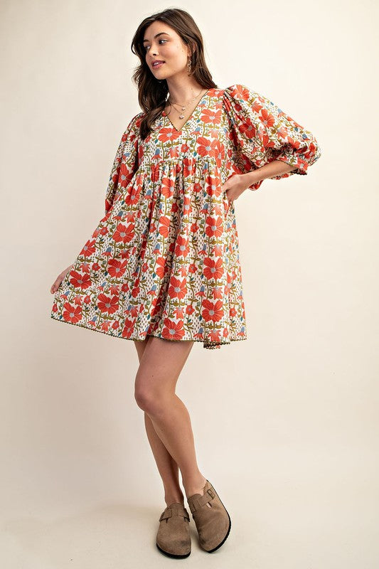 Floral Print Mini Dress with Puff Sleeve and Ric-Rac Trim