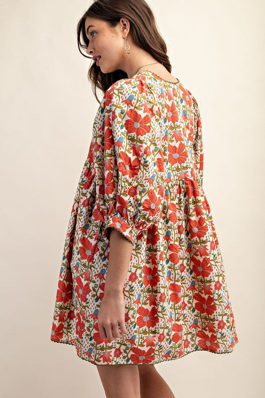 Floral Print Mini Dress with Puff Sleeve and Ric-Rac Trim