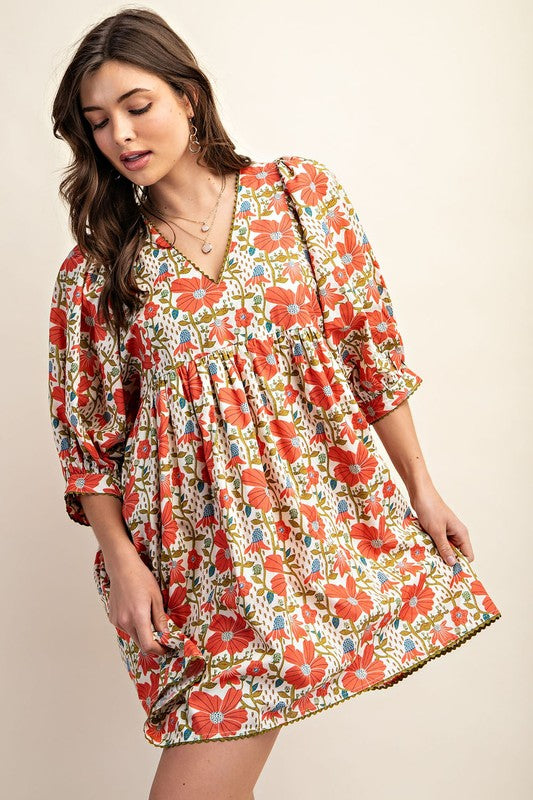 Floral Print Mini Dress with Puff Sleeve and Ric-Rac Trim
