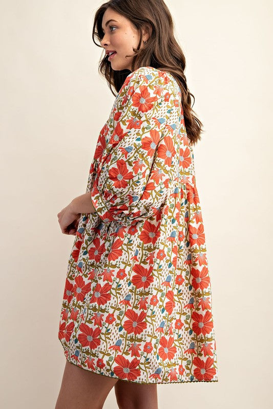 Floral Print Mini Dress with Puff Sleeve and Ric-Rac Trim