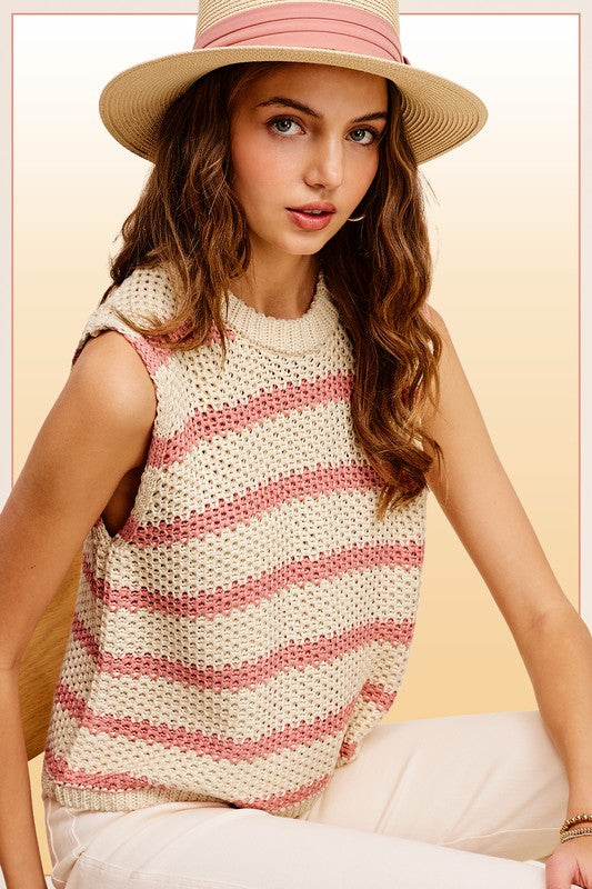 Pink and White Striped Sleeveless Knit Top