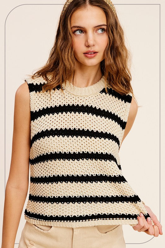 Black and White Striped Sleeveless Knit Top