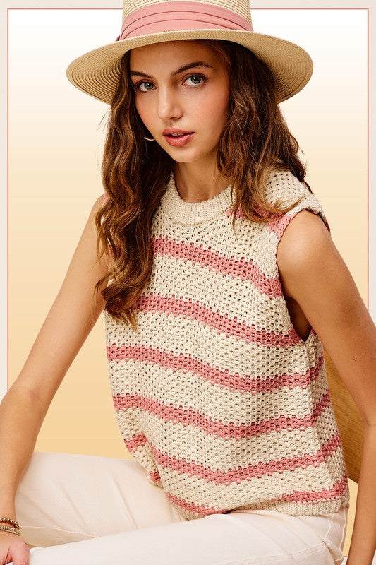 Pink and White Striped Sleeveless Knit Top